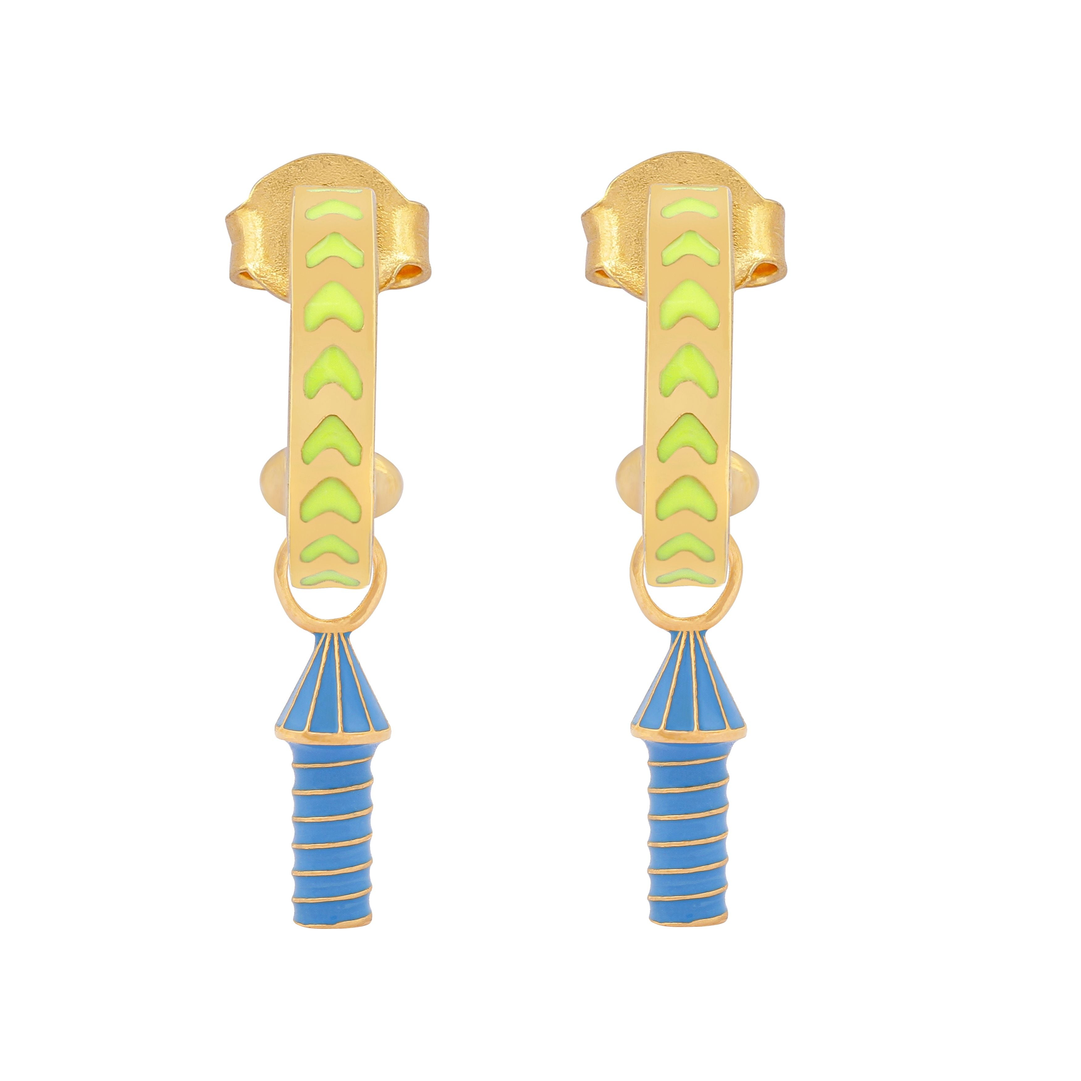 image of rocket enamel earrings in neon yellow, blue and gold on white background