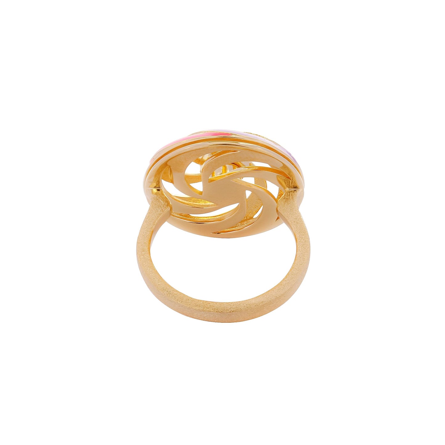 Image of Catherine Spinning Ring with multi-coloured enamel and ruby hexagon centre, view from back on a white background