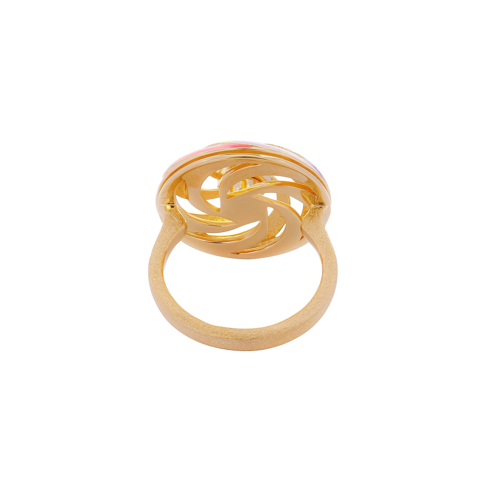 Image of Catherine Spinning Ring with multi-coloured enamel and ruby hexagon centre, view from back on a white background