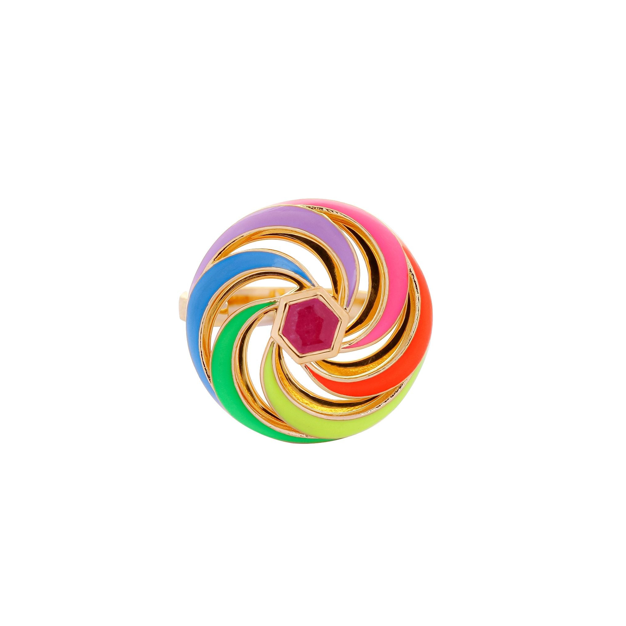 Image of Catherine Spinning Ring with enamel and ruby hex centre front facing on a white background