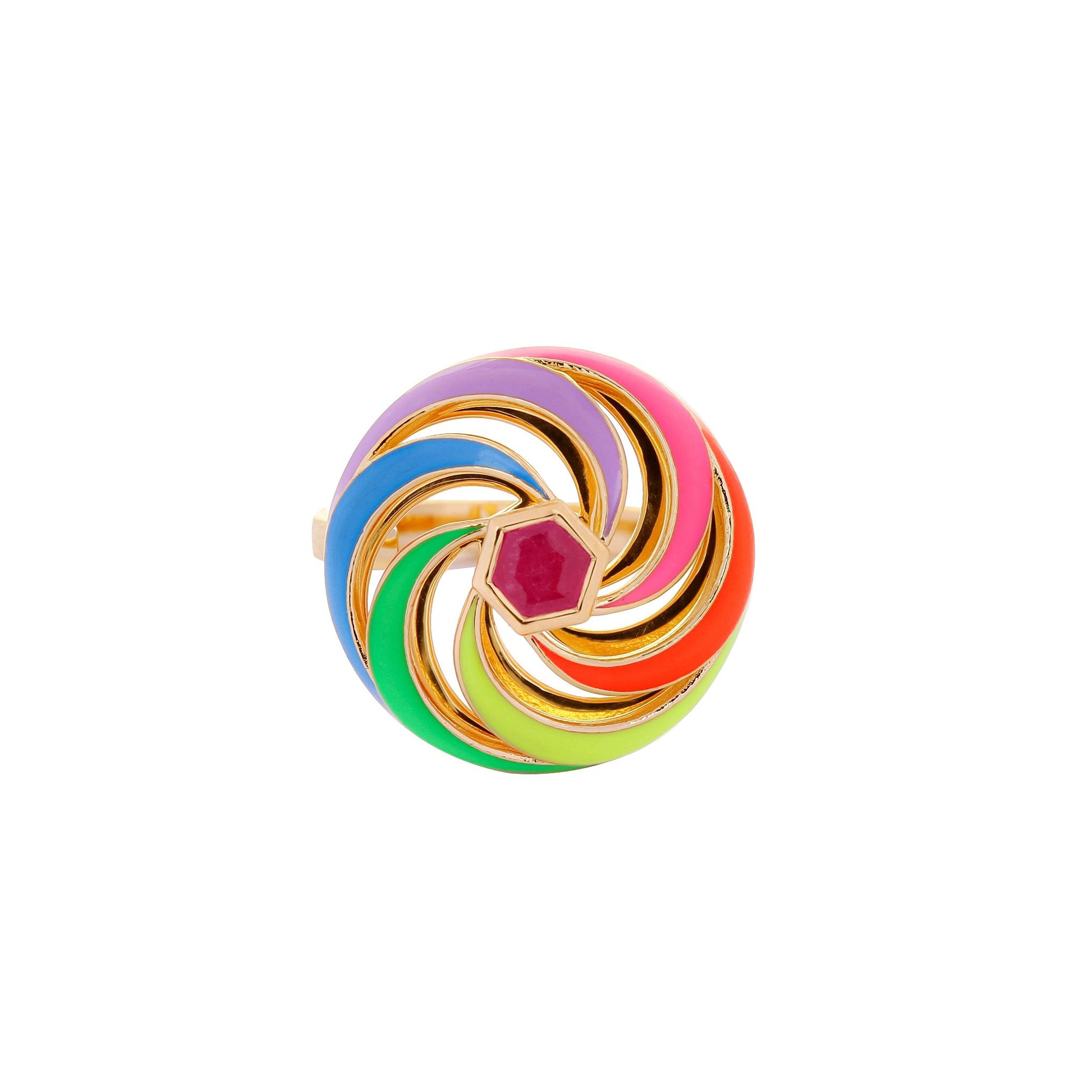 Image of Catherine Spinning Ring with enamel and ruby hex centre front facing on a white background