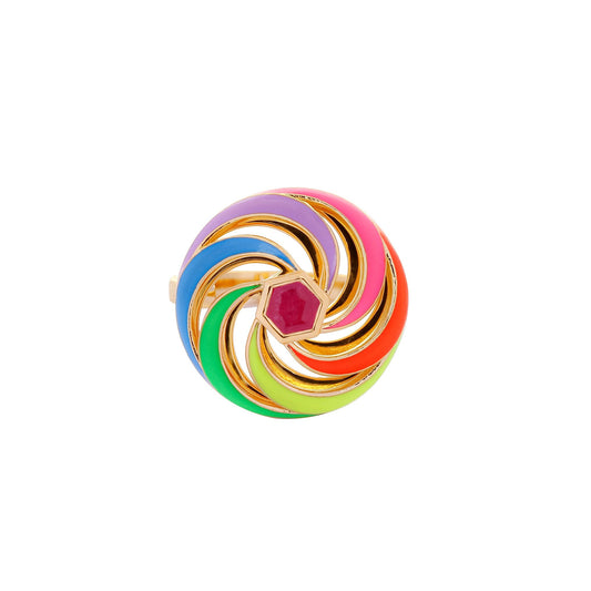 Image of Catherine Spinning Ring with enamel and ruby hex centre front facing on a white background
