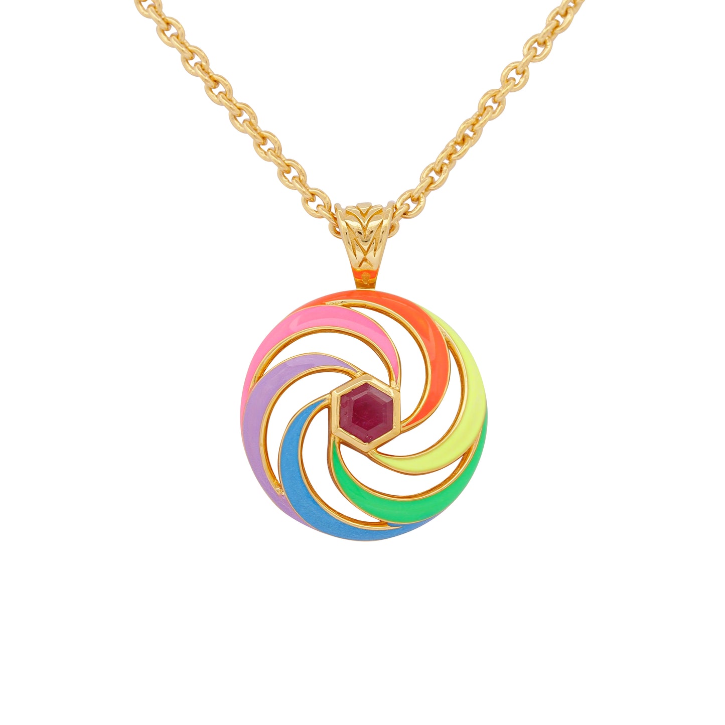 enamel necklace with spinning disk and ruby hex centre close up on white background 