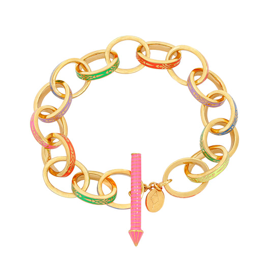 Image of Firework Gold Chain Bracelet with multi-coloured enamel, image of full bracelet in circle from above on white background