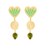 image of large firework heart earrings in green and gold flat front facing on white background