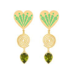 image of large firework heart earrings in green and gold flat front facing on white background