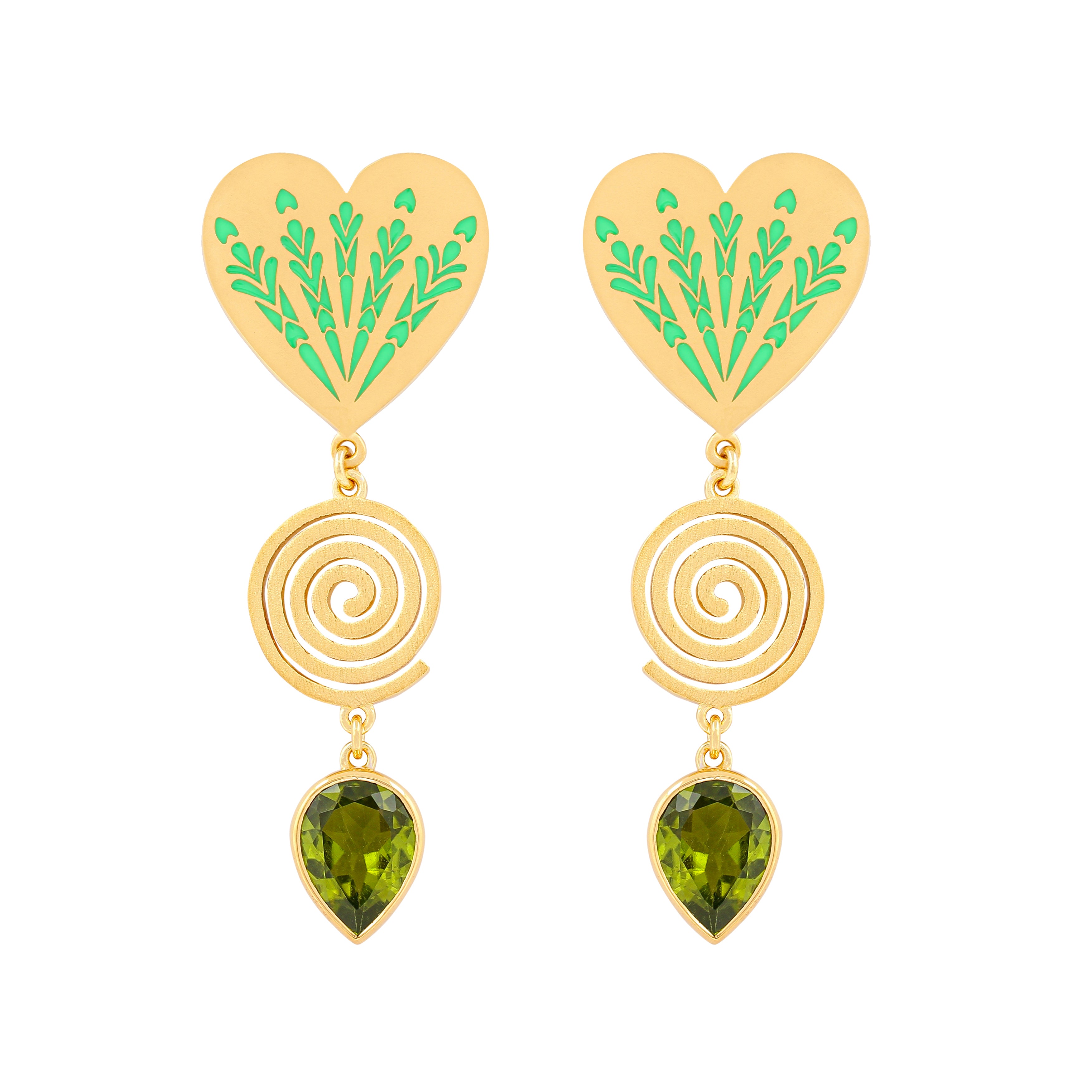 image of large firework heart earrings in green and gold flat front facing on white background
