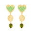 image of large firework heart earrings in green and gold flat front facing on white background