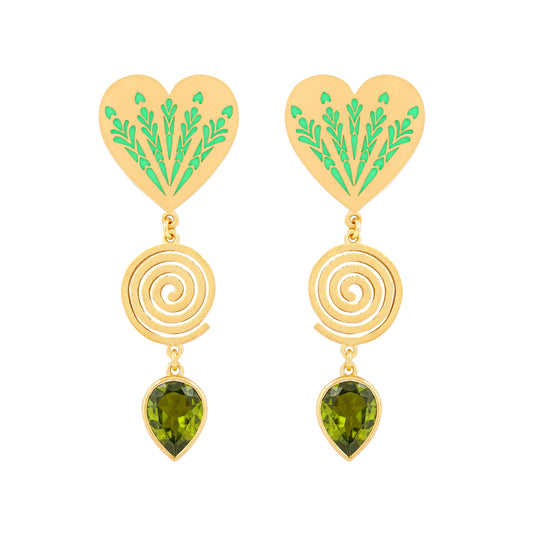 image of large firework heart earrings in green and gold flat front facing on white background