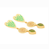 image of large firework heart earrings in green and gold lying flat on white background