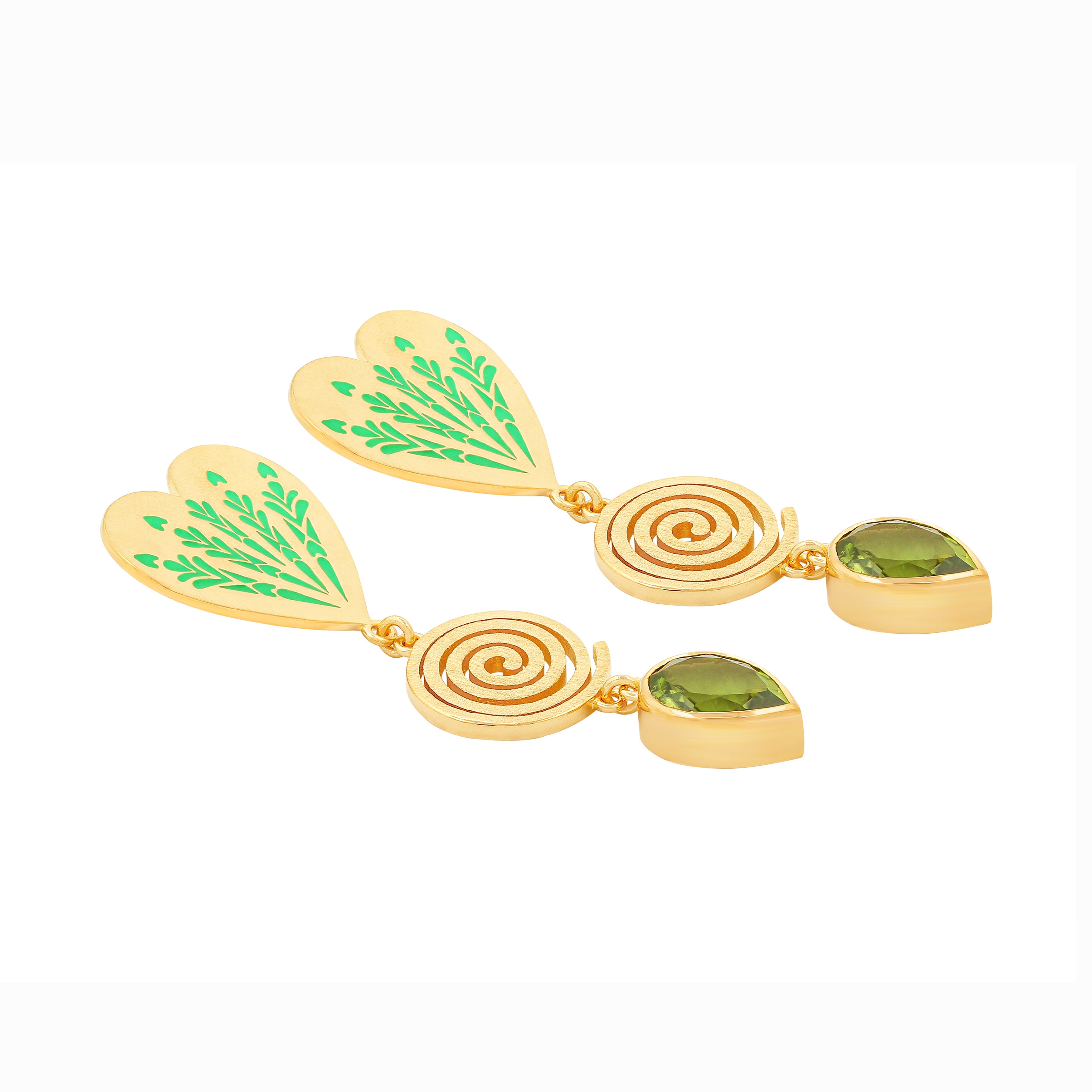 image of large firework heart earrings in green and gold lying flat on white background