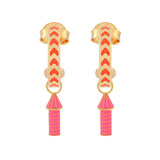 image of rocket enamel earrings in orange and pink and gold on white background