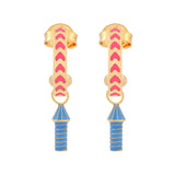 image of rocket enamel earrings in pink and blue and gold on white background