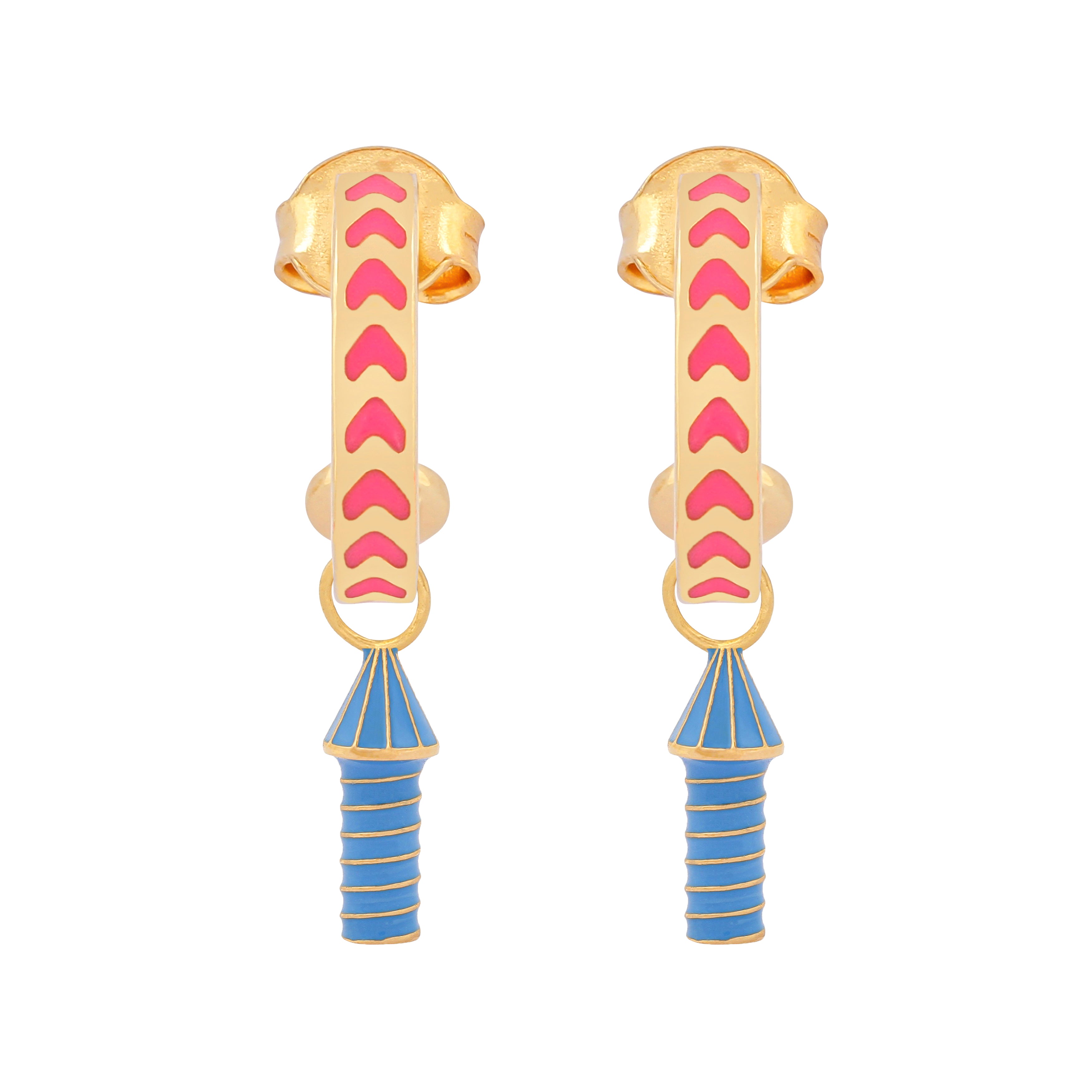 image of rocket enamel earrings in pink and blue and gold on white background