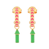 image of rocket enamel earrings in pink, green and gold on white background