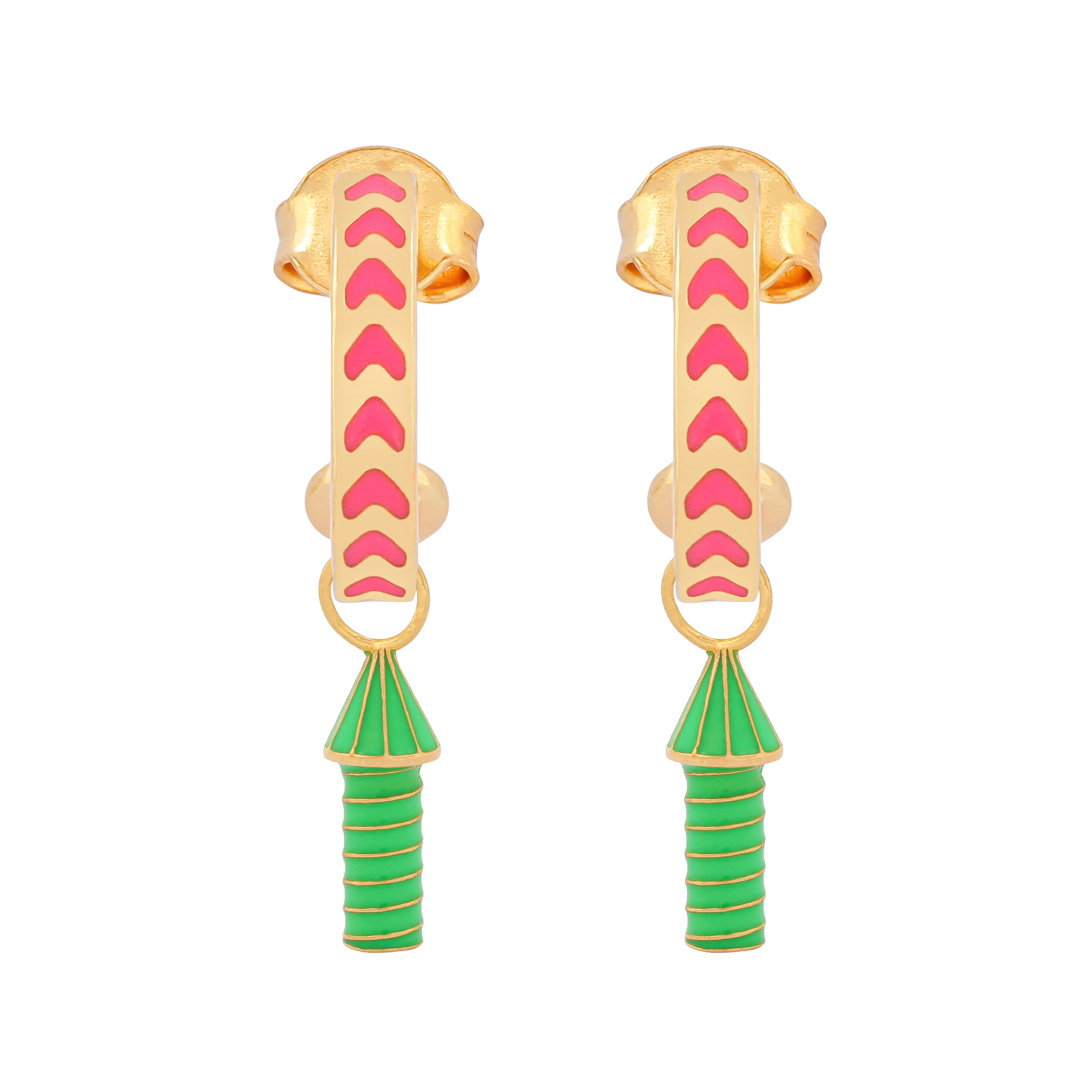 image of rocket enamel earrings in pink, green and gold on white background