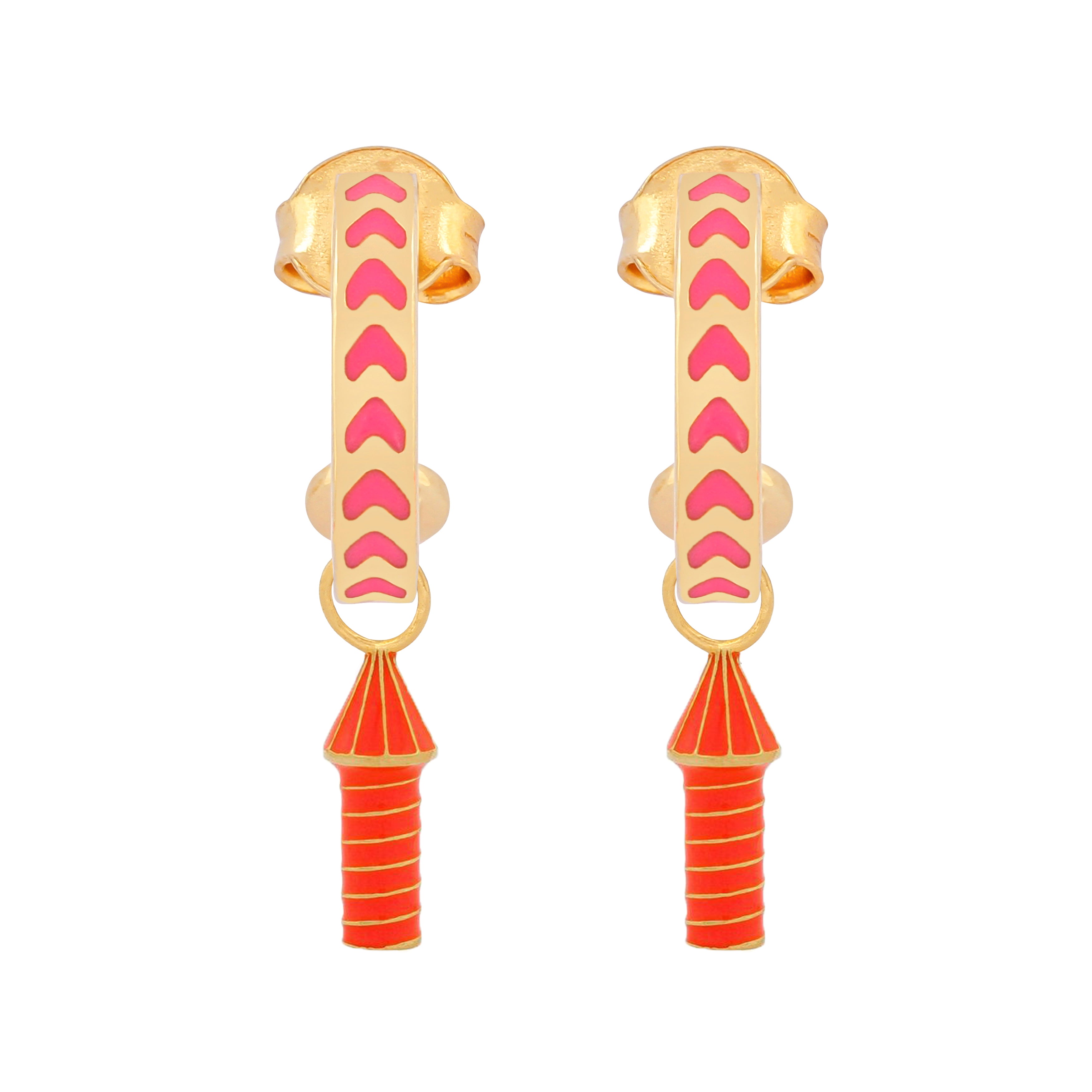 image of rocket enamel earrings in pink, orange and gold on white background