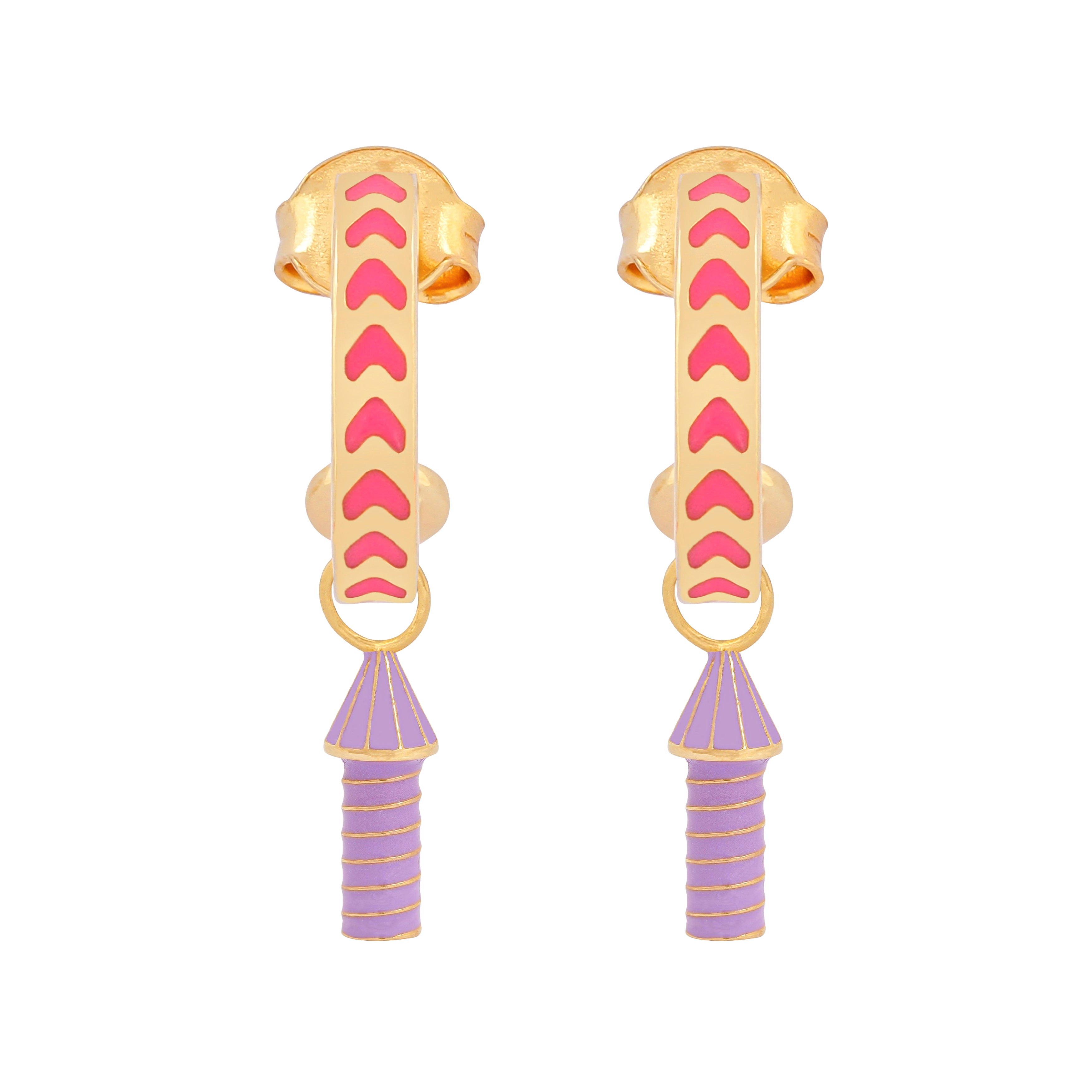 image of rocket enamel earrings in pink, purple and gold on white background
