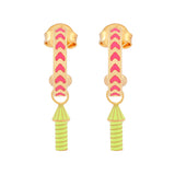 image of rocket enamel earrings in pink and neon yellow and gold on white background