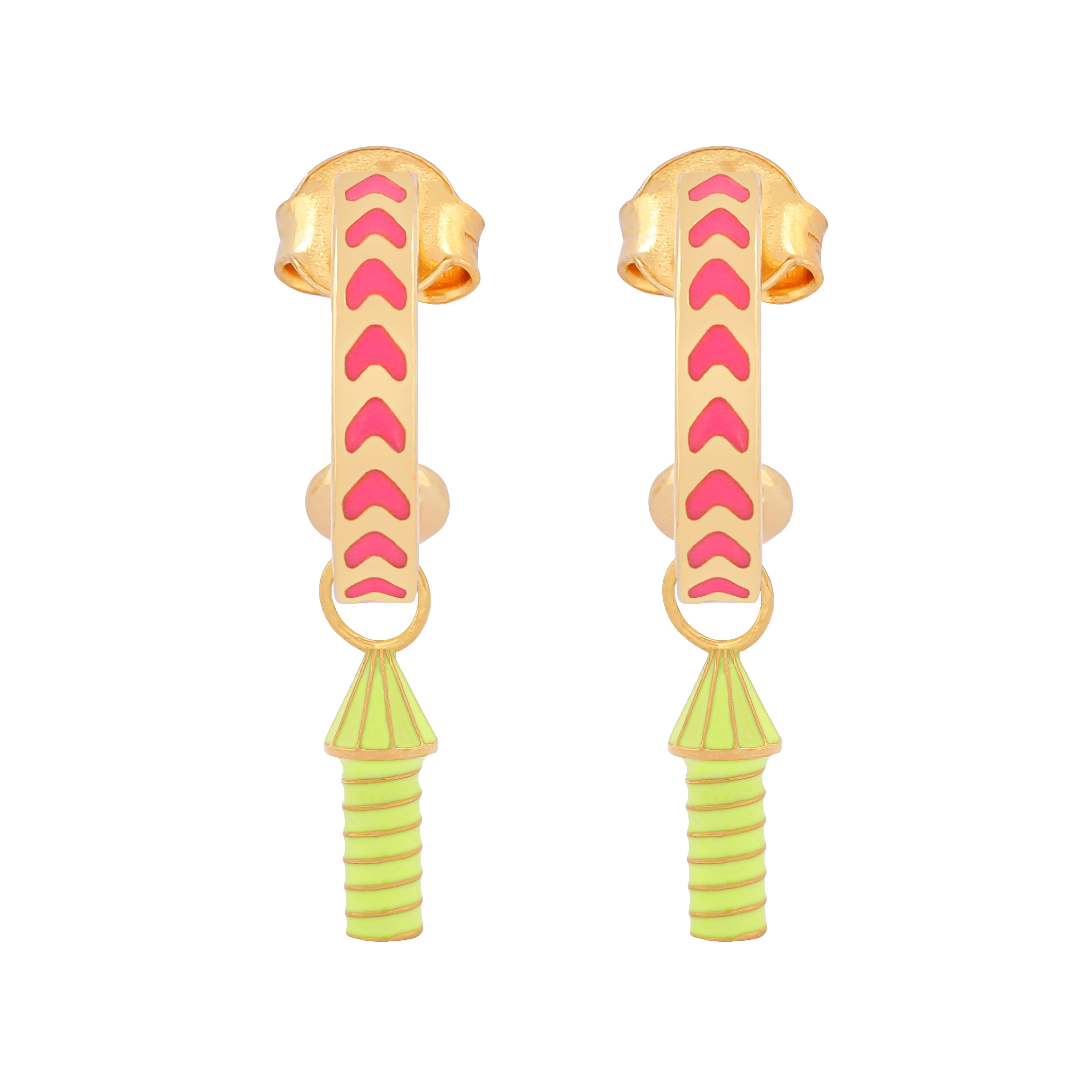 image of rocket enamel earrings in pink and neon yellow and gold on white background
