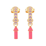 image of rocket enamel earrings in purple, pink and gold on white background