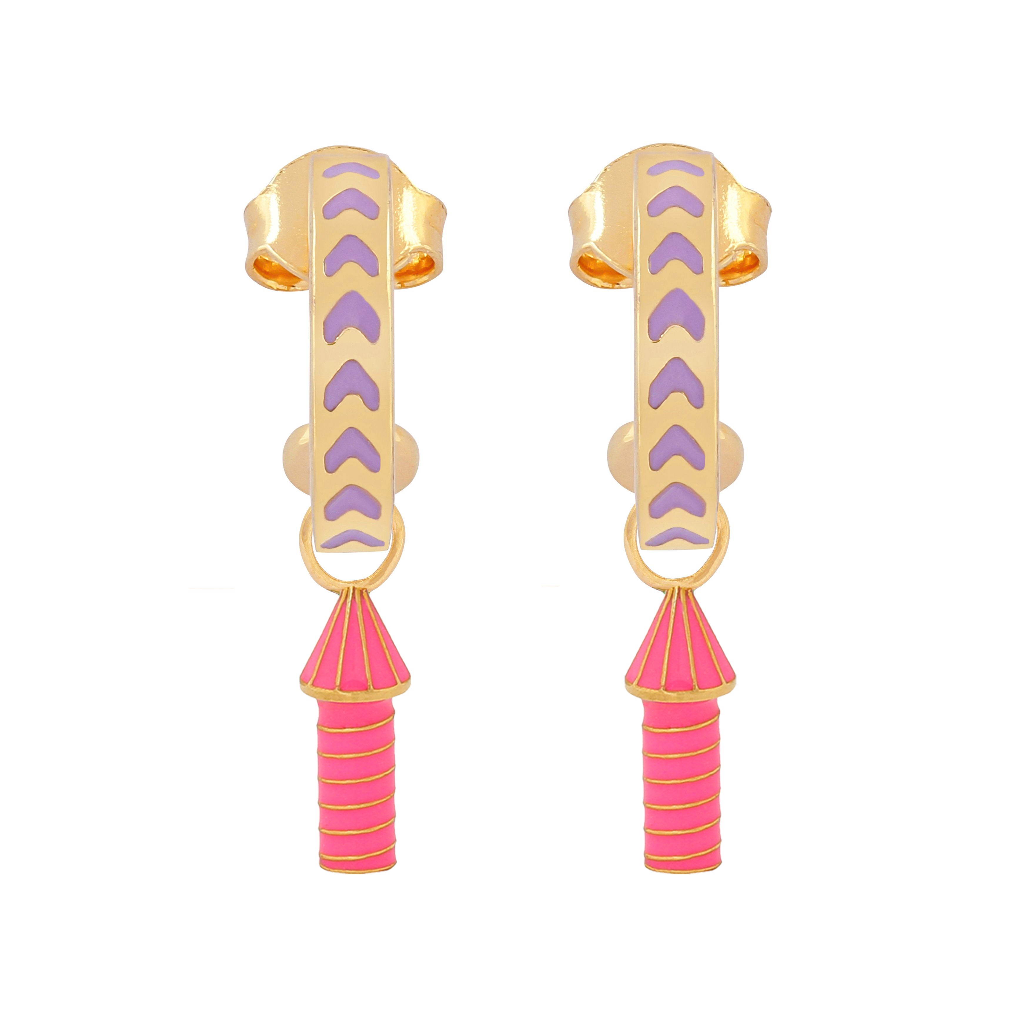 image of rocket enamel earrings in purple, pink and gold on white background