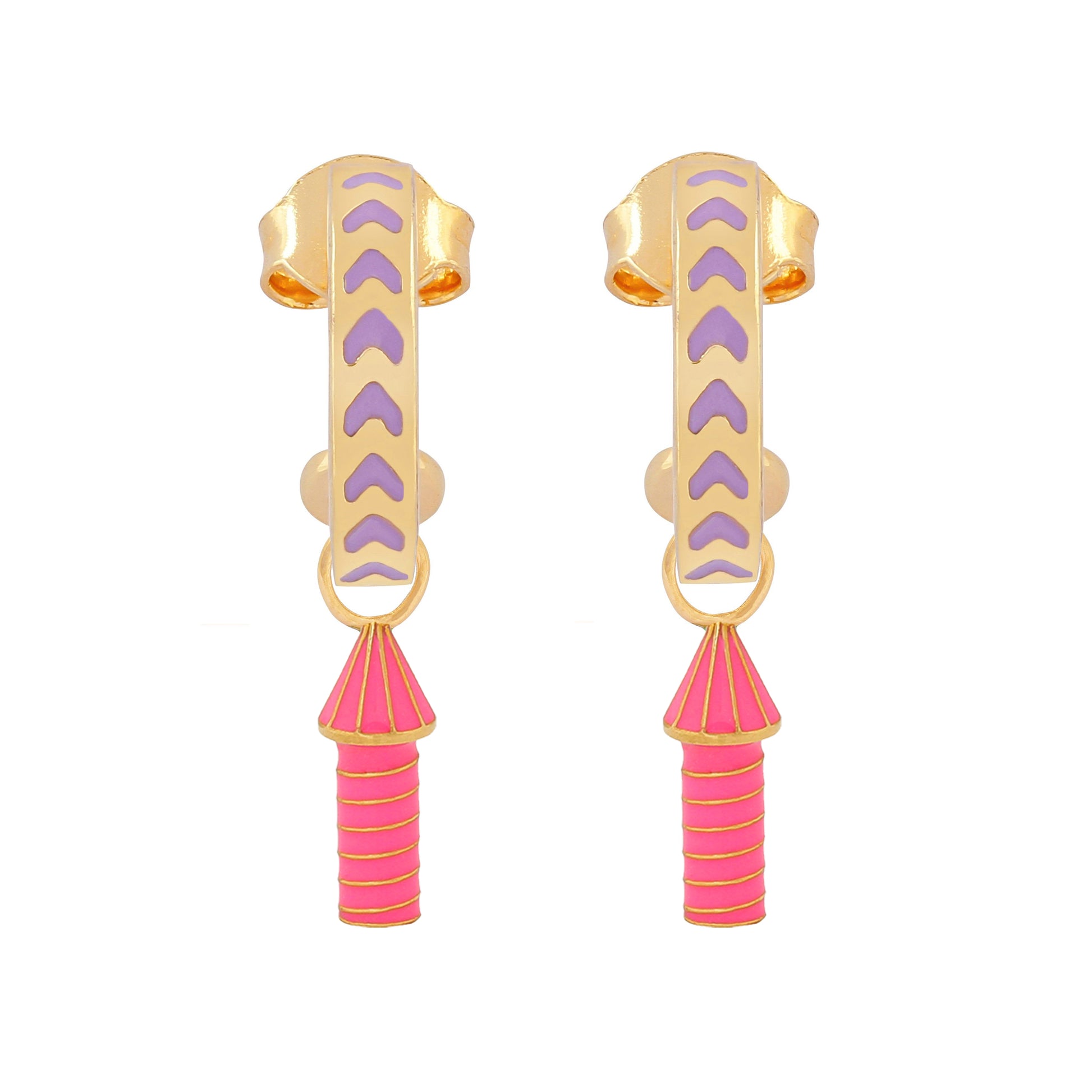image of rocket enamel earrings in purple, pink and gold on white background