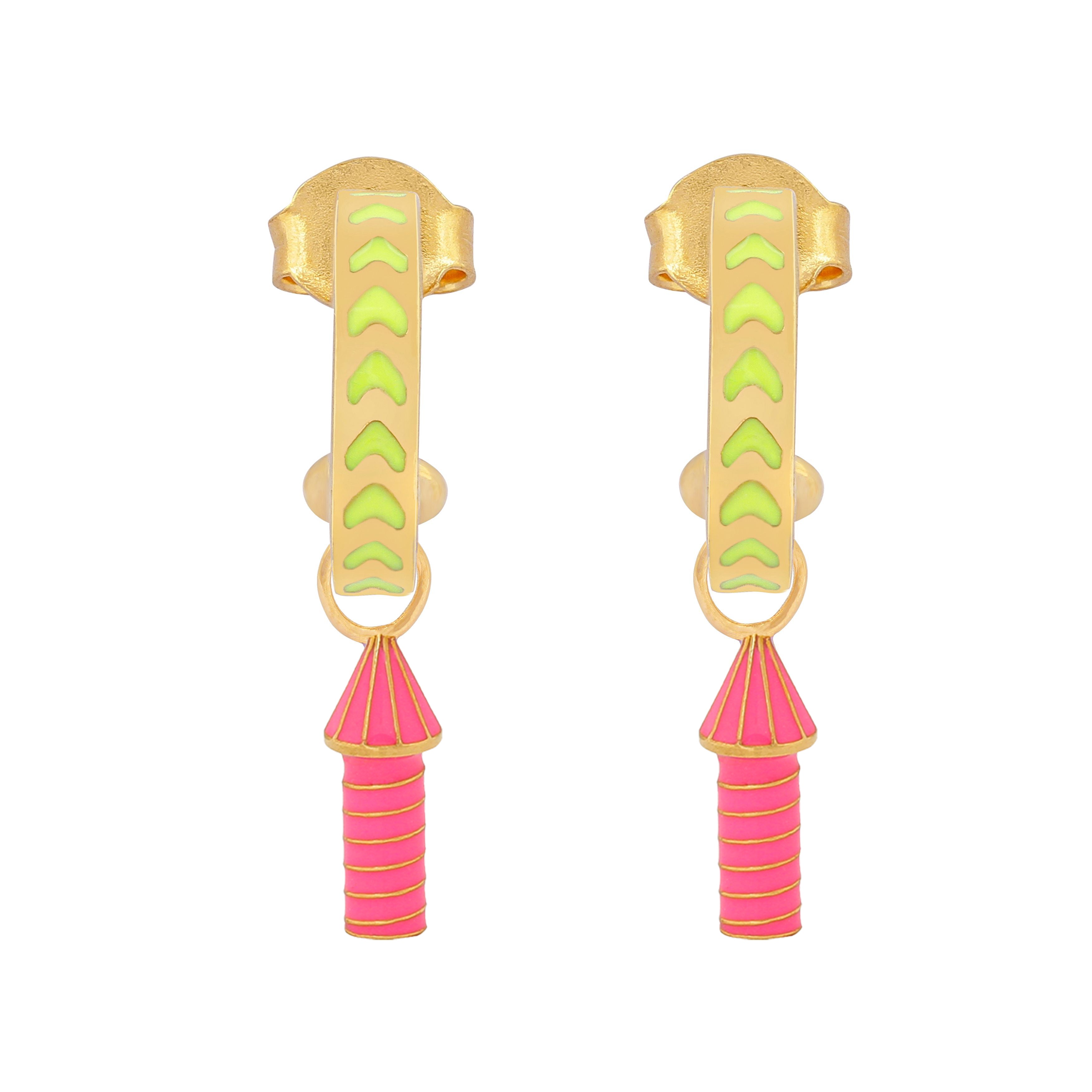 image of rocket enamel earrings in neon yellow, pink and gold on white background