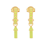 image of rocket enamel earrings in neon yellow and gold on white background