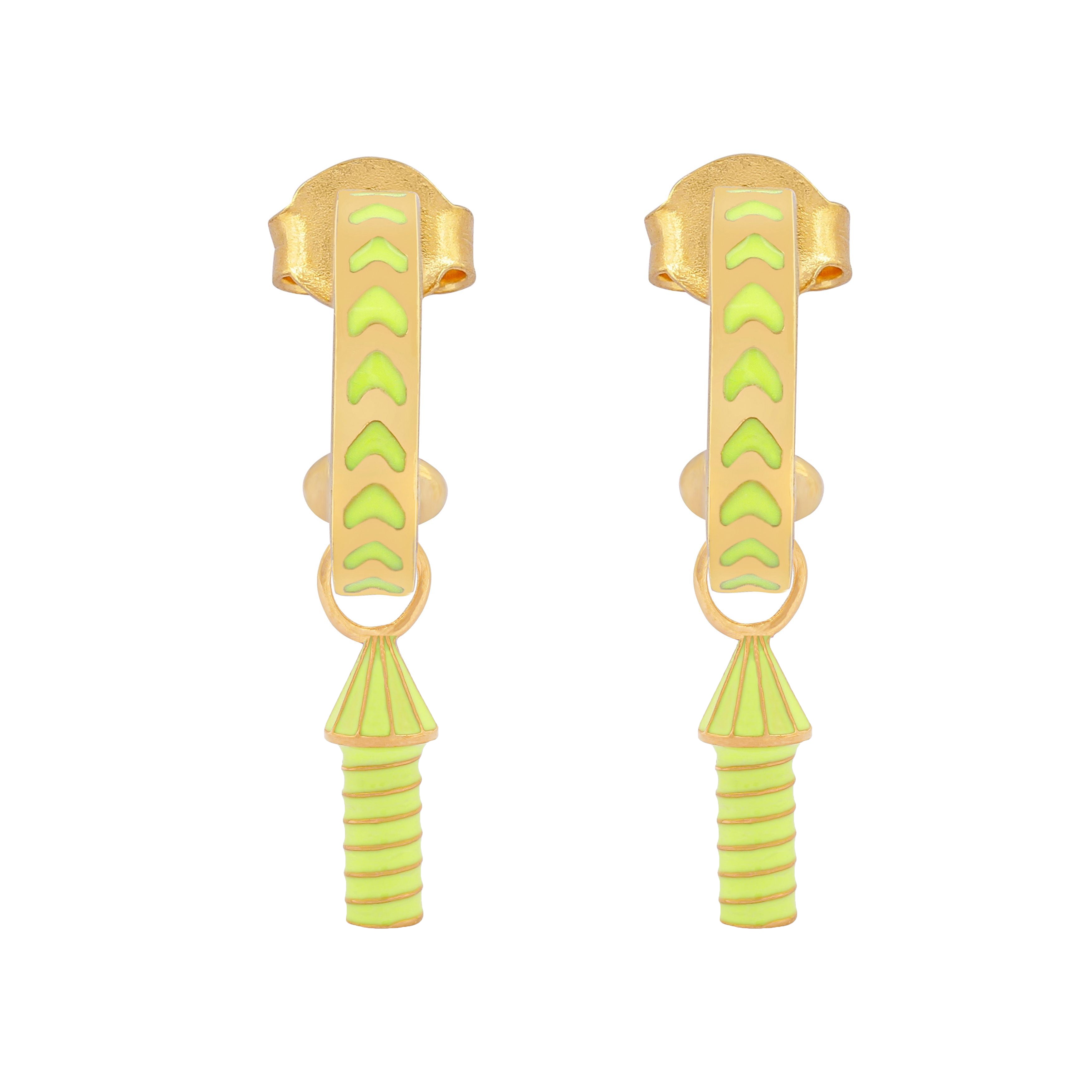 image of rocket enamel earrings in neon yellow and gold on white background