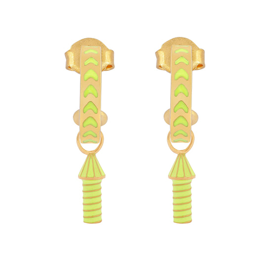 image of rocket enamel earrings in neon yellow and gold on white background