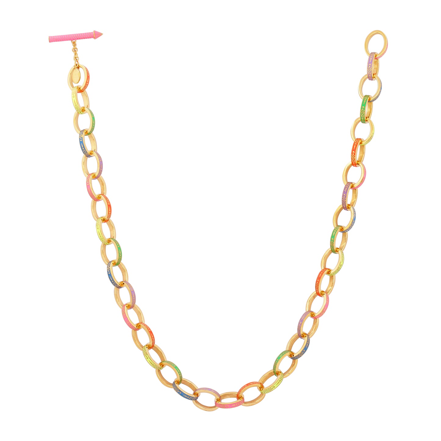 image of Firework Gold Chain Necklace with multi-coloured enamel full length chain on white background