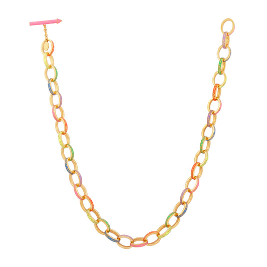 image of Firework Gold Chain Necklace with multi-coloured enamel full length chain on white background