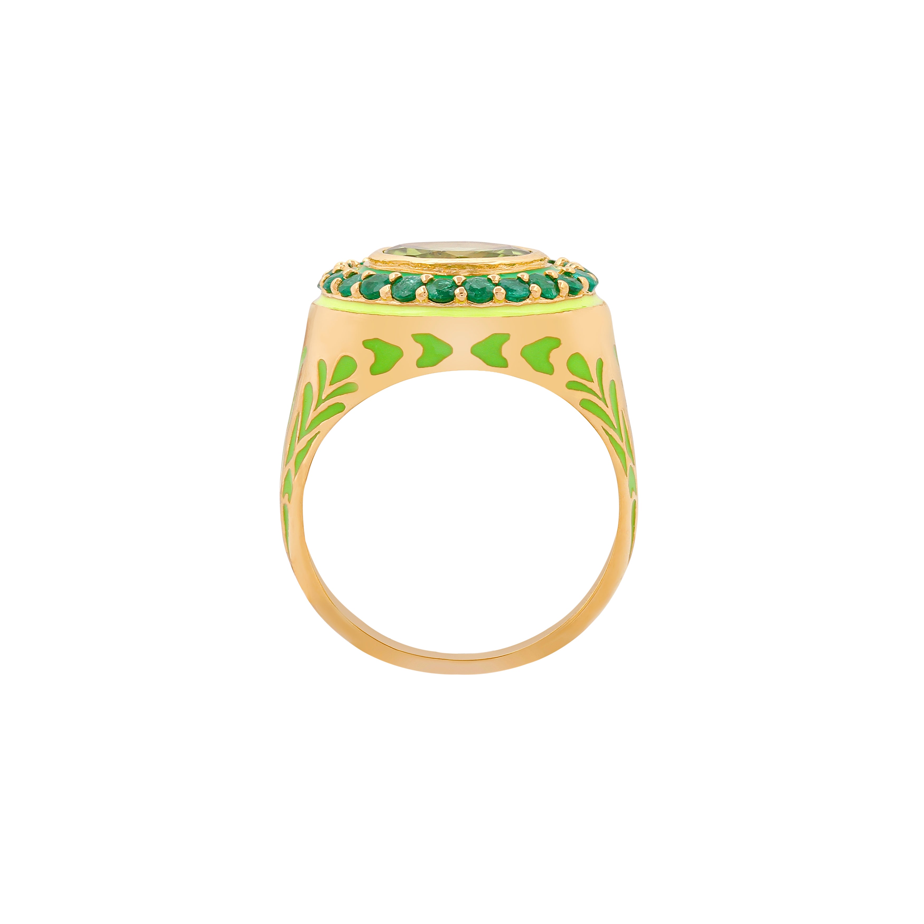 image of firework statement ring in green and gold view flat from above on a white background