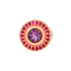 image of firework statement ring in pink, purple and gold front-facing on white background