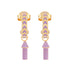 image of rocket enamel earrings in purple and gold on white background