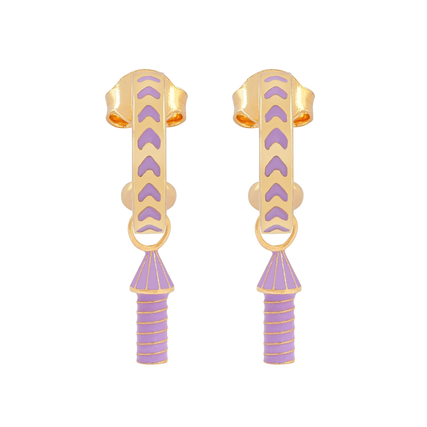 image of rocket enamel earrings in purple and gold on white background