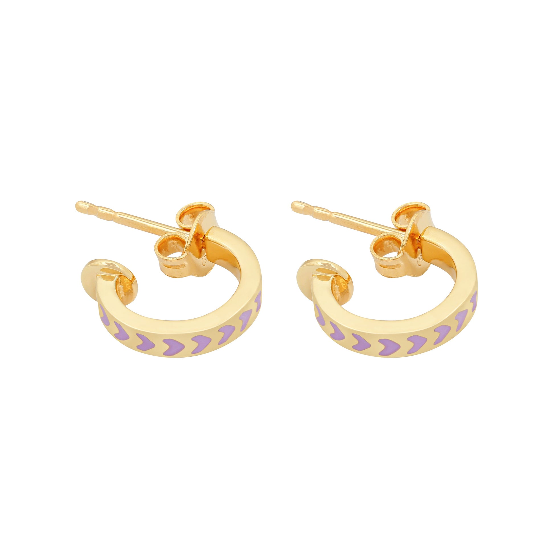 image of spark hoop enamel earrings in purple and gold on white background