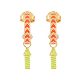 image of rocket enamel earrings in orange and neon yellow and gold on white background