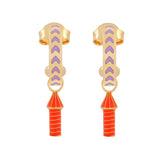 image of rocket enamel earrings in purple, orange and gold on white background