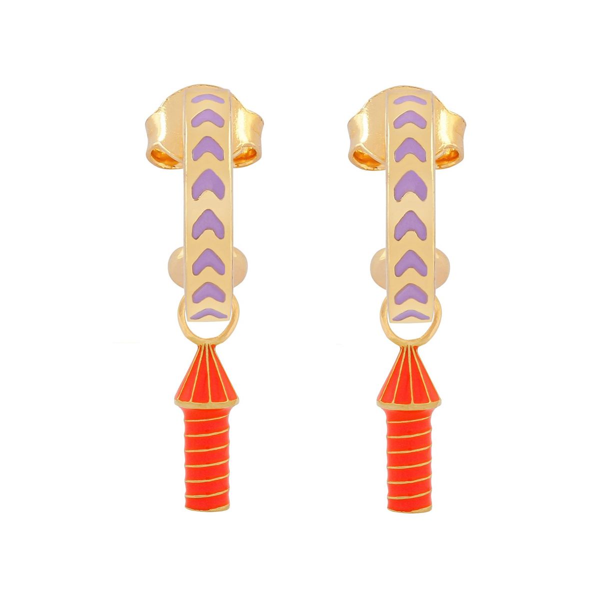 image of rocket enamel earrings in purple, orange and gold on white background