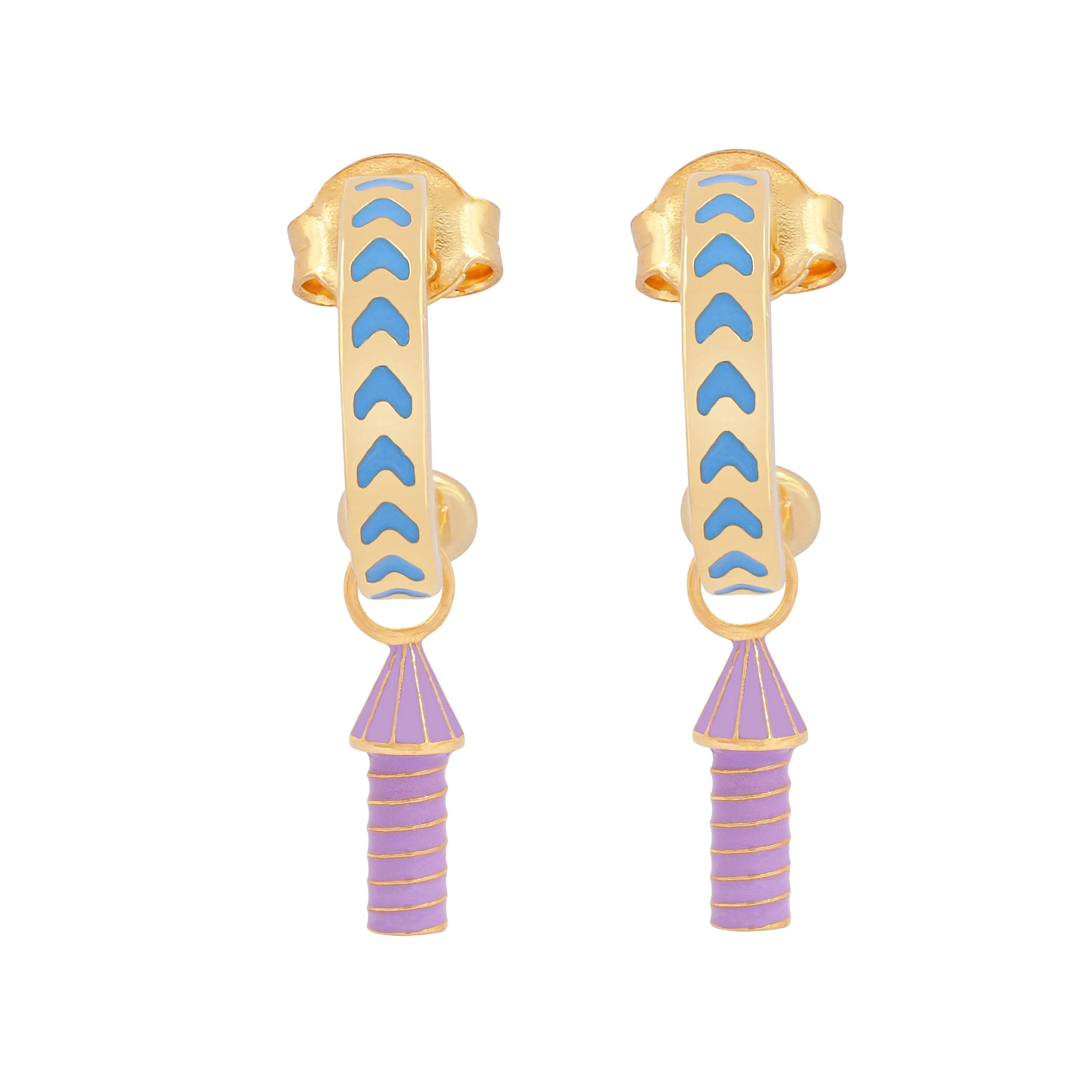 image of rocket enamel hoops in blue and purple and gold on white background