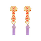 image of rocket enamel earrings in orange and purple and gold on white background