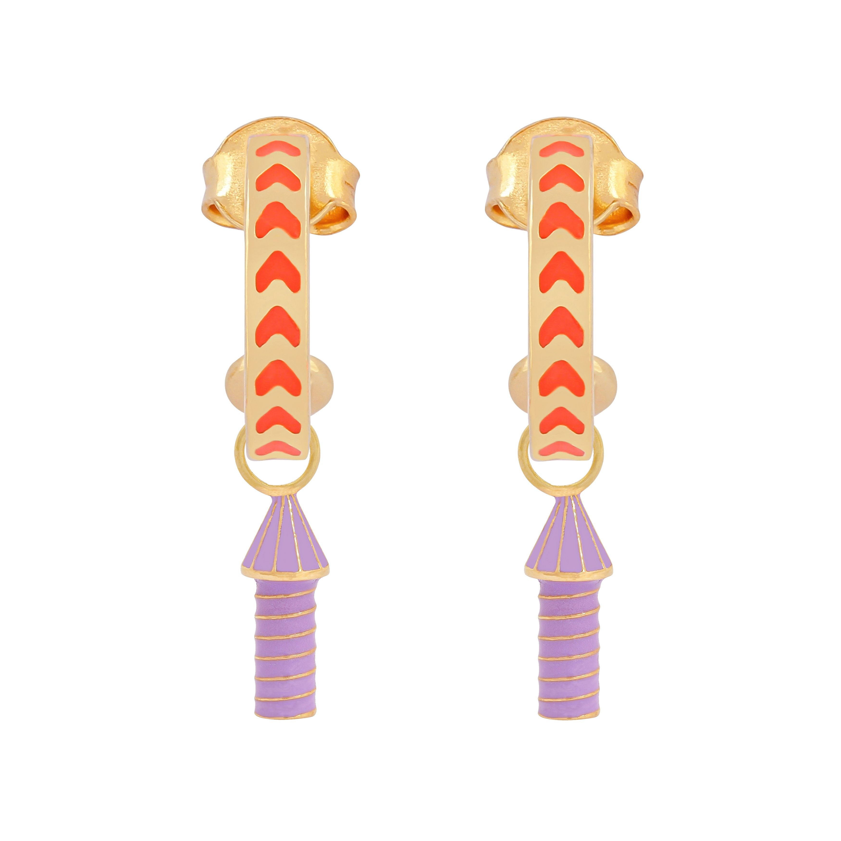 image of rocket enamel earrings in orange and purple and gold on white background