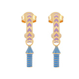image of rocket enamel earrings in purple, blue and gold on white background