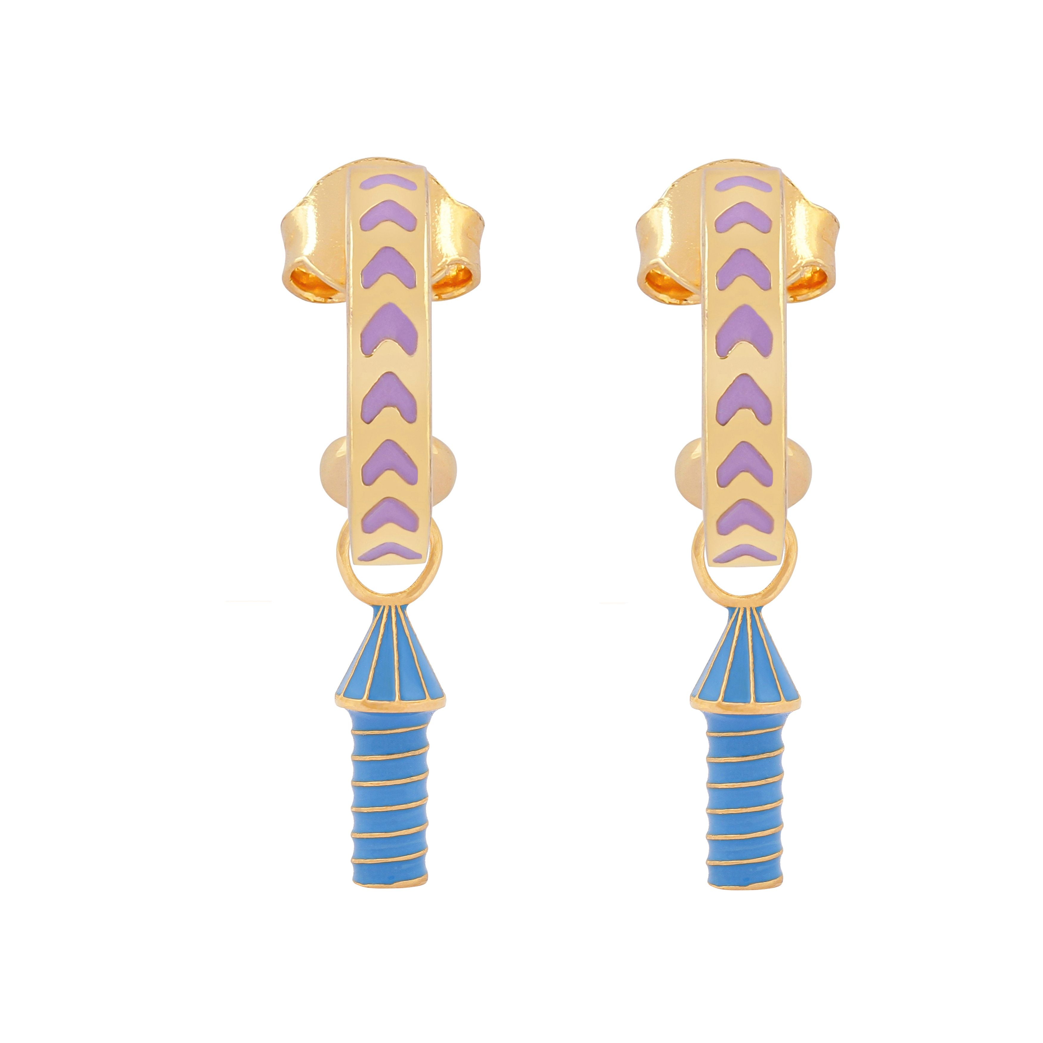 image of rocket enamel earrings in purple, blue and gold on white background