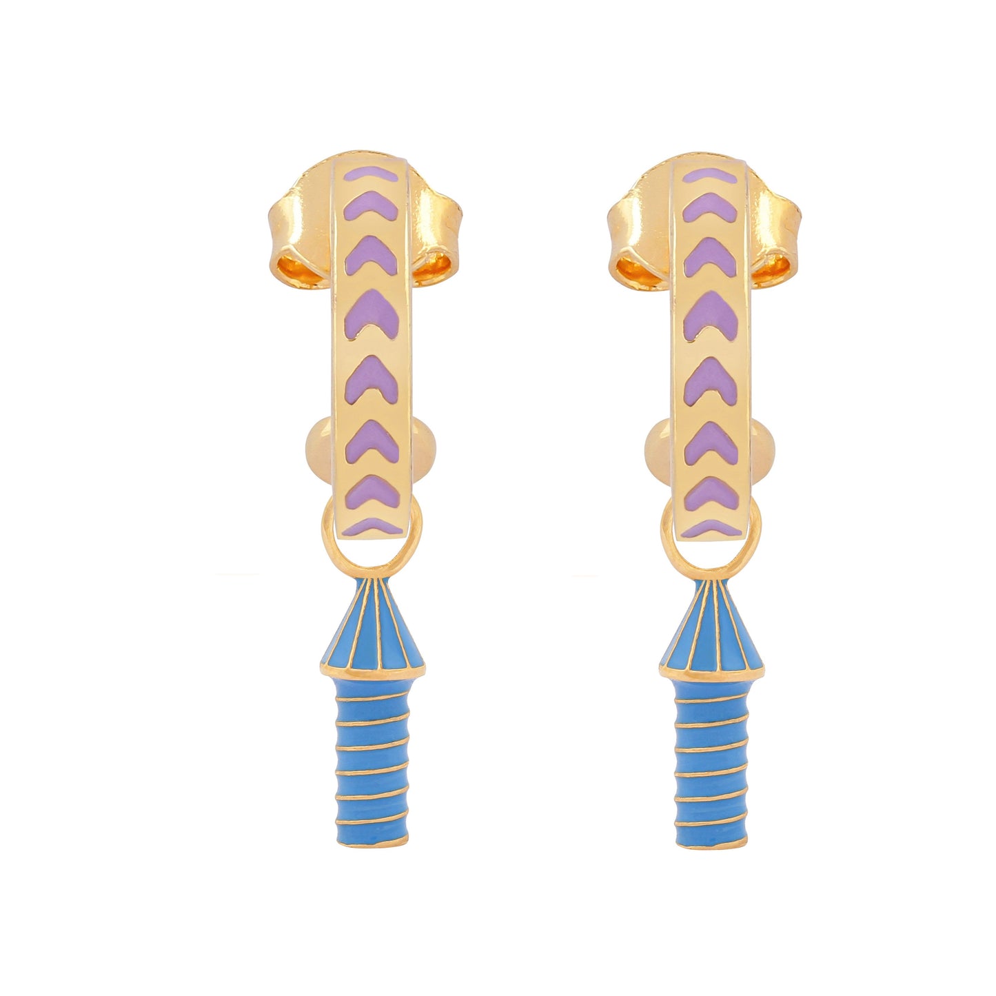image of rocket enamel earrings in purple, blue and gold on white background