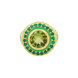 image of firework statment ring in greena and gold, face on, on a white background