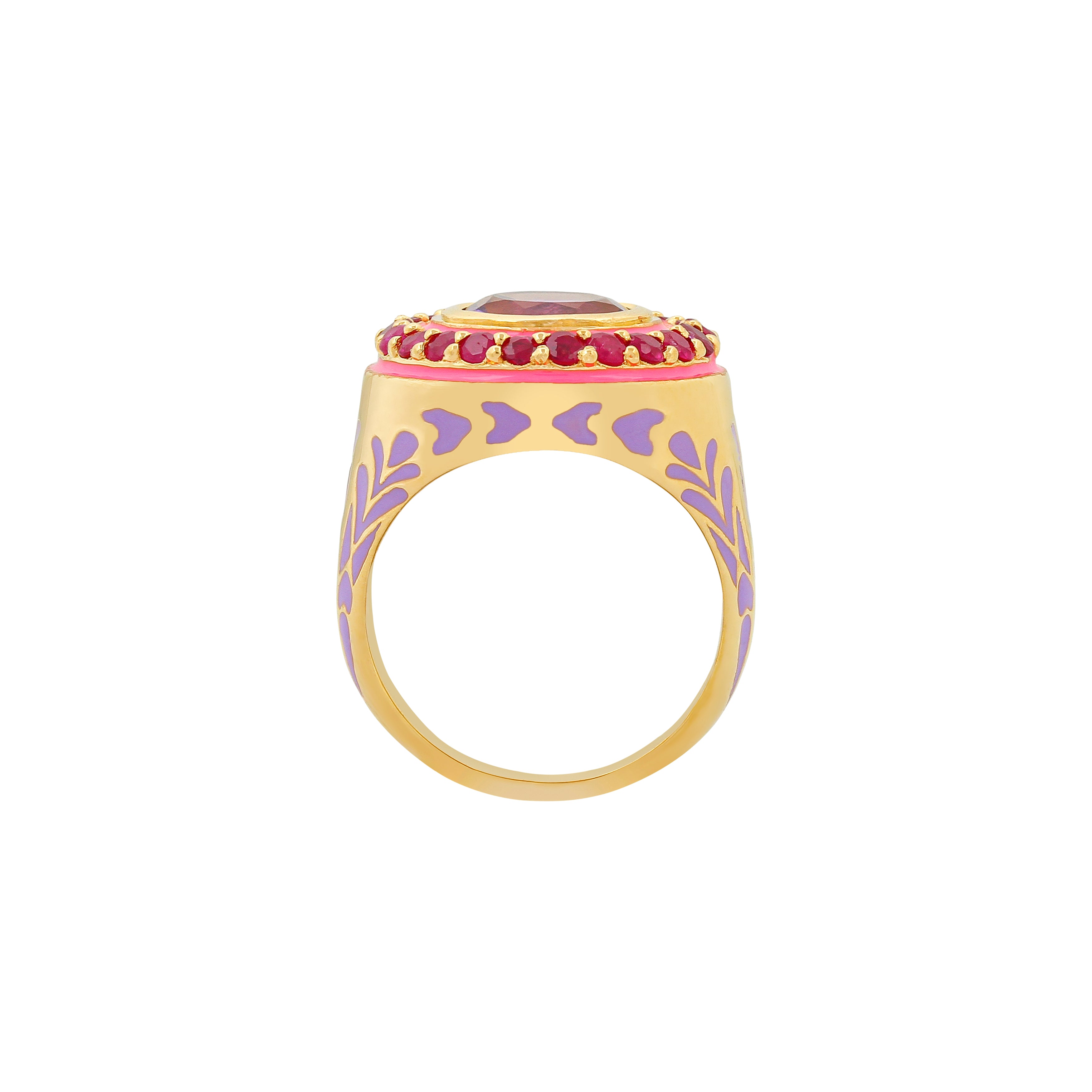 image of firework statement ring in pink, purple and gold. View from above lying flat on white background