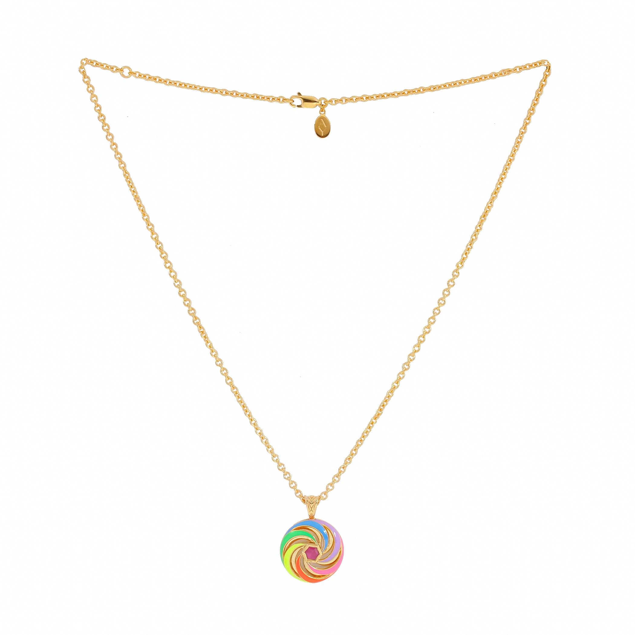 image of enamel necklace with spinning disk and ruby hex centre full length including chain on white background 